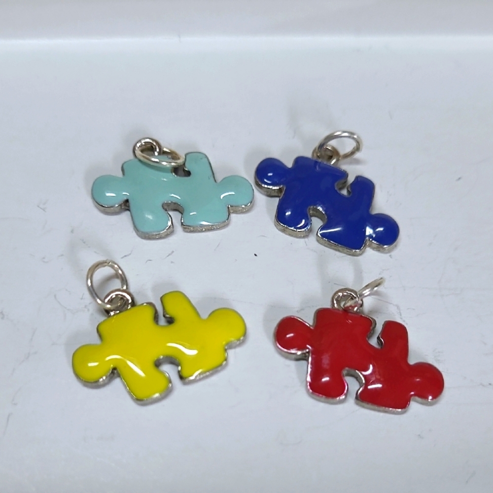 4 Enamel/Metal Puzzle Shape Charms For DIY Projects